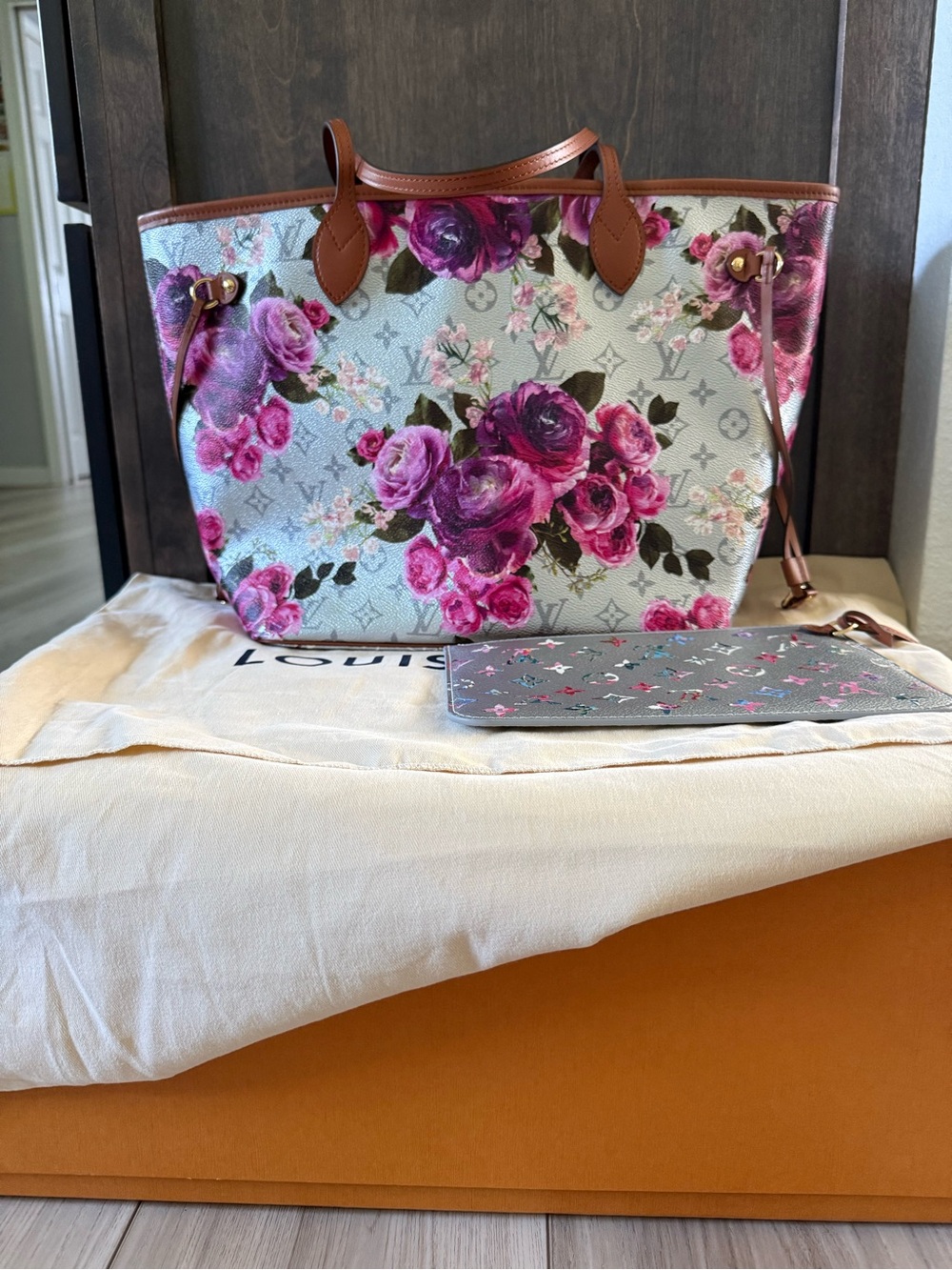 Louis Vuitton Floral Pink Rose Canvas Tote with Pouch
